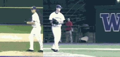 Sous 2 angles différents le détail du mouvement du lancer de la balle de baseball